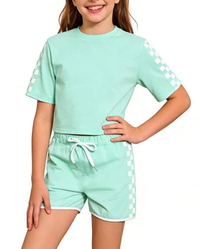 Image of BOVOSHA Girls Summer Clothes Kids Outfit Short Sleeve Crop Top ＋ Plaid Shorts Set Kids Sports Tracksuit (Green, 12-14T)