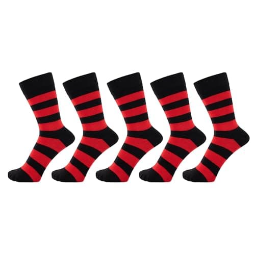 Image of ZAKIRA Combed Cotton Dress Socks - Striped Business Crew Socks for Men & Women, Soft Breathable Cotton - 5 Pack, 6-10 (UK), Red/Black