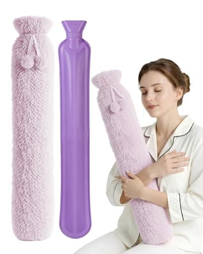 Image of KEPLIN Extra Long 2L Hot Water Bottle with Super Soft Fleece Cover, Durable Natural Rubber, Long Lasting Warmth for Neck, Back & Body, Winter Comfort - Lilac