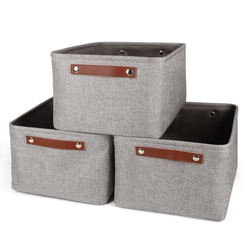 Image of SHINWOO Fabric Storage Basket Set of 3, Foldable Shelf Basket with Leather Handles, Waterproof Linen Storage Box for Wardrobe, Bathroom, Bedroom, and Office, 40x30x20cm Grey
