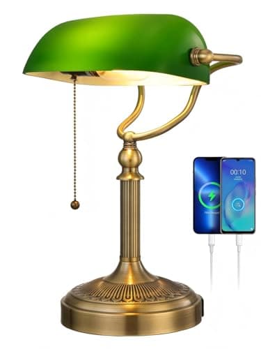 Image of Newrays Green Glass Bankers Desk Lamp with Pull Chain Switch Plug in Fixture,USB Fast Charging Port