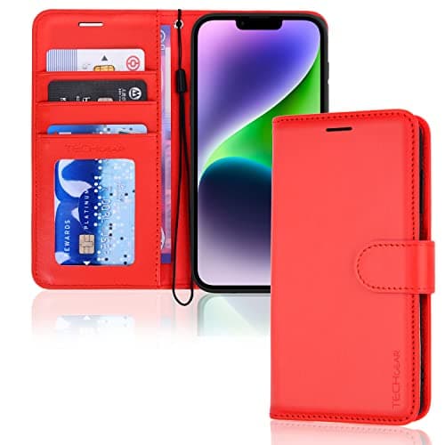 Image of TECHGEAR iPhone 14 Leather Wallet Case, Flip Protective Case Cover with Wallet Card Holder, Stand and Wrist Strap - Red PU Leather with Magnetic Closure for iPhone 14 6.1"