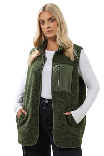 Image of Yours Curve Green Borg Zip Pocket Gilet - Women's - Plus Size Curve