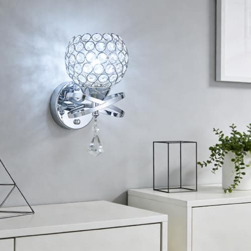 Image of XINYASEE Modern Chrome Crystal Wall Sconce, Decorative Globe Crystal Wall Light with Hanging Pendant, Hardwired Wall Lamp for Bedroom Living Room Bathroom Vanity