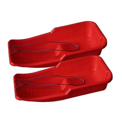 Image of 2 Pcs Kids Heavy Duty Snow Sledge - For Kids and Adults, Winter Toboggan Sleigh Sled With Rope | Plastic Ski Board, Pull Strap - Skateboard for Outdoors, Skiing Board, Speeder, High-Performance (Red)