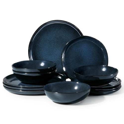 Image of Homikit 12-Piece Dinner Set, Reactive Glaze Stoneware for 4 People, Irregular Dinnerware with Plates and Bowls, Non-Toxic & Scratch Resistant, Microwave and Dishwasher Safe - Nebulas Blue