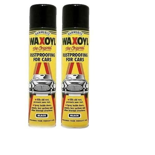 Image of HM Hammerite 2x 5092855 400ml Aerosol WaxOyl Black Spray Rust Proof Prevention Covering Kills And Prevents Reappearance Of Rust, Tough, Durable And Flexible. Little Chance Of Cracking Or Peeling.
