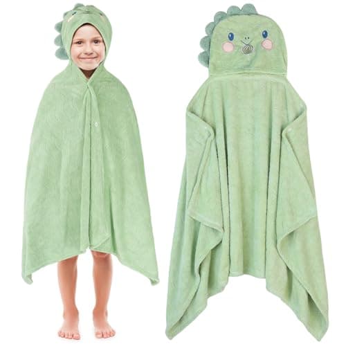 Image of saerryor Green Dino Hooded Towel for Kids, 70 x 140cm Large Poncho Towel with Snap Button Soft Absorbent Beach Swimming Wrap for Boys Girls 3-12 Years