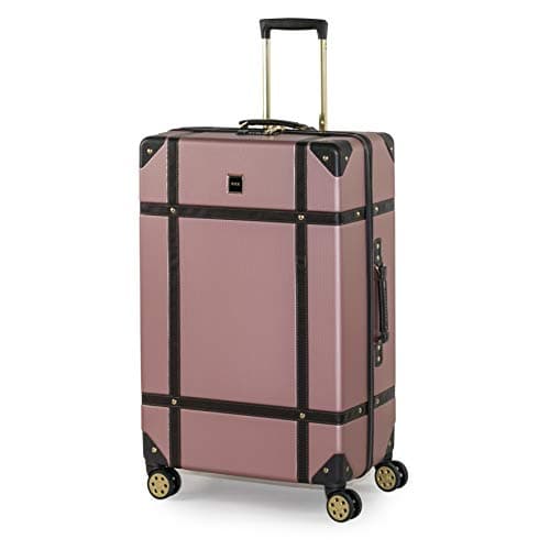 Image of Rock Vintage Large Hard Shell Hold Suitcase in Pink - Nostalgic Design, Dual 360 Swivel-Wheels, Telescopic Handle, Impact-Resistant Material & TSA Combination Lock - 78 x 47 x 30cm 4.6KG
