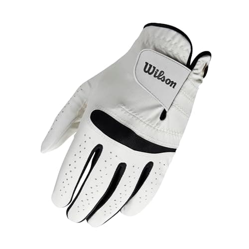 Image of Wilson Feel Plus Men's Golf Glove, Made with Premium Leather, Provides Enhanced Grip and Sweat Control, Colour: White, Size: S (Left Hand)