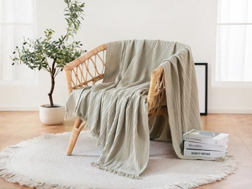 Image of Coastline 100% Cotton Waffle Weave Blanket Throw with Fringe,Pre-Washed Soft Cozy,Lightweight Breathable Blanket Throw for Couch Bed Sofa(Natural,150x200cm)