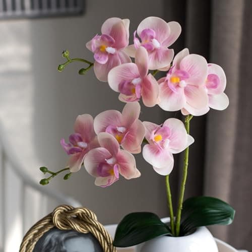 Image of KARLOR Artificial Orchid Flowers, 2 Bundles Artificial Flowers Set, Artificial Flowers, Art Orchid Blossoms with Leaves for Table Decoration, Home Decor, Office, Wedding Party Decoration (Light Pink)