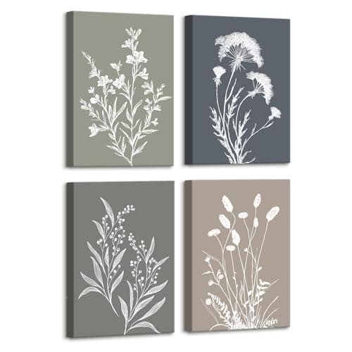 Image of 4 Pcs Wooden Framed Canvas Wall Art Set Boho Botanical Rustic Floral Canvas Prints Poster Vintage Minimalist Neutral Flower Pictures for Living Room Bedroom Hallway Farmhouse Wall Decor 30x40 cm x4