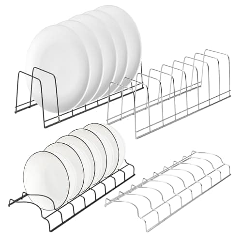 Image of 4 PSC Plate Rack & Bowl Rack Set, Plate Organiser for Kitchen Cupboard, Stainless Steel Plate Storage Dish Drying Rack Kitchen Cupboard Organiser for Pot Lid Bowl Plates Cutting Boards Bakeware