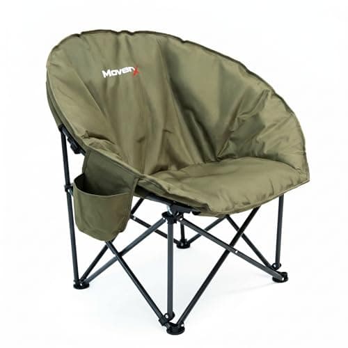 Image of MoverX Lightweight Moon Camping Chair, Padded Armchair, Folding Chair for Adults, Foldable Garden Outdoor Picnic Festival Camp Chair, Comfy with Pocket, Steel Frame, Khaki