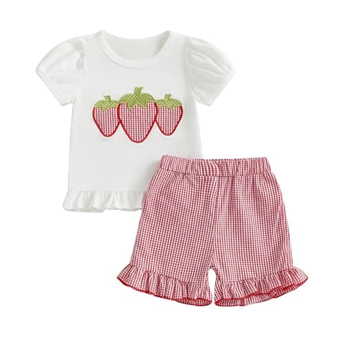 Image of MAHUAOYIXI Toddler Baby Girl Summer Outfit Short Sleeve Strawberry Embroidery T Shirts Sweatshirt Ruffle Top and Elastic Waist Plaid Ruffle Shorts 2Pcs Set Clothes for Little Girls (Red, 6-12 Months)