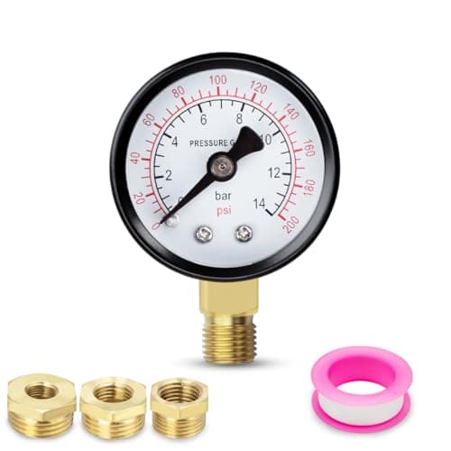 Image of Innfeeltech 1 Pcs 40mm Well Pump Pressure Gauge BSP 0-14 Bar 0~200 Psi with 3 Pieces Bushing 1/4", 1/2", 1/8" to 3/8", One Teflon Tape, Radial
