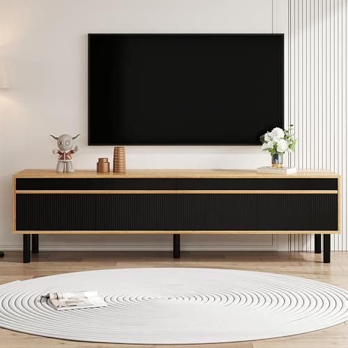 Image of FammyLoft 170cm TV Unit with 4 Doors, Modern TV Stand Cabinet with Wood Finish, Entertainment Unit for Living Room, Bedroom, Black and Natural