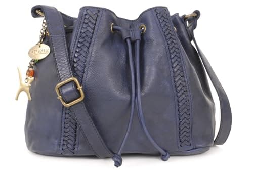 Image of Catwalk Collection Handbags - Women's Crossbody Bag - Medium Drawstring Bucket Bag - Washed Vintage Leather - Francesca - Blue