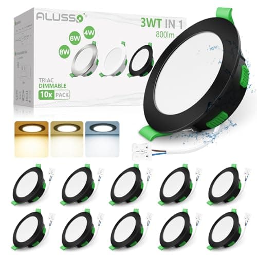 Image of ALUSSO Black LED Downlights Dimmable 4W 6W 8W Selectable Slim Recessed Ceiling Lights, 3CCT 3000K Warm 4000K Neutral 6500K Cool Adjustable IP44 Spot Lights for Bathroom Kitchen, 10 Pack