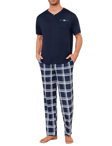 Image of Leversic Men's Short Sleeve Pyjamas V-Neck T-Shirt Pjs Top and Long Plaid Sleep Pants Soft Comfortable Loungewear Set for Sleeping or Lounging at Home S-3XL(Navy Blue,L)