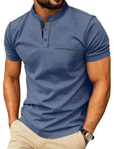 Image of Mens Henley T-Shirts Short Sleeve Summer Casual Crew Neck Tshirt Tops with Front Pocket LBlue L