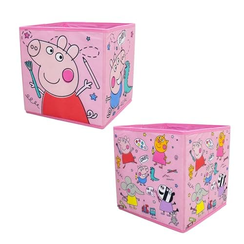 Image of Peppa Pig Officially Licensed Storage Boxes | 2 pack Foldable Storage Cubes Pow Pow Design with Peppa, George and Friends | Perfect For Organising Children's Room, Kids Playroom, 30 x 30cm