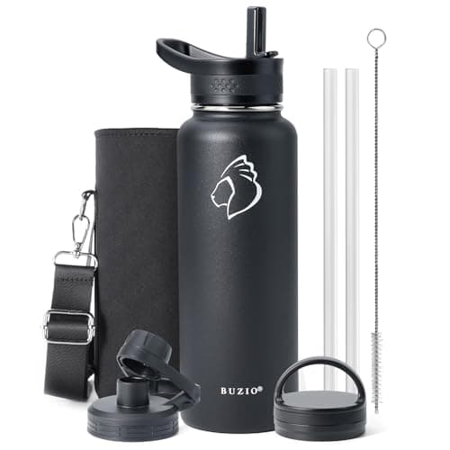 Image of BUZIO 1180ml Water Bottle, Stainless Steel Insulated Water Flask with Straw Lids, Canteen Metal Thermo Mug Hydro Cup Jug, Double Vacuum Hot Cold Water Bottles with Carrying Pouch, Black