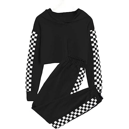 Image of BOVOSHA Girls Clothes Set Kids Crop Top + Plaid Pants Outfits Tracksuit Hooded Sweatshirt Sweatpants 2 PC (Black, 12-14T)