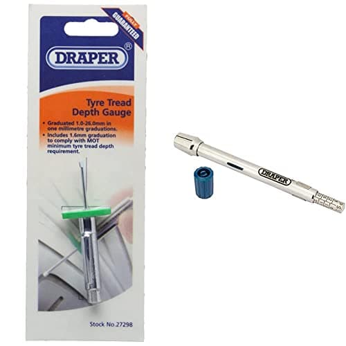 Image of Draper 27298 Tyre Tread Depth Gauge, 1mm-26mm, Blue & 51536 Tyre Pressure Gauge