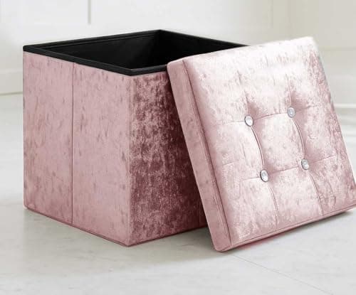 Image of Home Republic Crushed Velvet Ottoman Storage Box – Foldable Cube Ottoman with Lid – Multipurpose Toy Chest, Foot Rest, Bench Seat & Nursery Storage Solution (Pink Blush, 38W)