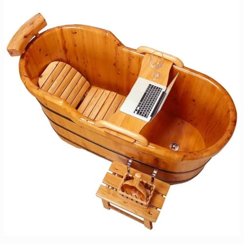 Image of TT-YEC Wooden Freestanding Cypress Bathtub, Solid Wood Bath Tub with Headrest, Inner Stool, Pop-Up Water Valve, Handmade Hot And Cold Water Adult Soaking Tub,L120CM