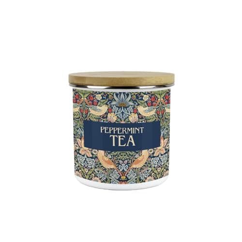 Image of Purely Home Blue Strawberry Thief Peppermint Tea Canister - White Metal/Enamel Medium 600ml Kitchen Storage Container Gift