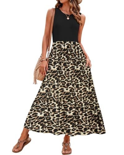 Image of AUSELILY Summer Dresses for Women UK Sleeveless Maxi Dresses Leopard Ladies Summer Dresses Beach Coverups Sun Dresses Tiered Long Dress with Pockets XL