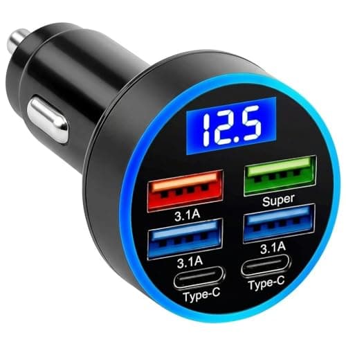 Image of Car USB 6 in 1 Super Fast Charger, 66W Cigarette Lighter USB Charger with LED Voltmeter Dual Type C Socket Adapter Multi Charge for iPhone 17/16/15/14 Android Galaxy S25/S24 iPad Tablets Power Banks