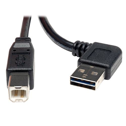 Image of Tripp Lite Universal Reversible USB 2.0 Hi-Speed Cable (Right / Left Angle Reversible A to B M/M), 3-ft. - USB cables (3-ft., USB A, USB B, Male/Male, Angled, Straight, Gold)