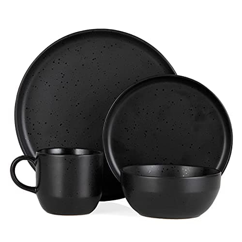 Image of Barbary & Oak by Tower Luna Dinnerware Set, Stoneware, 16 Piece, Matte Black with Gloss Speckle, BO867005BLK