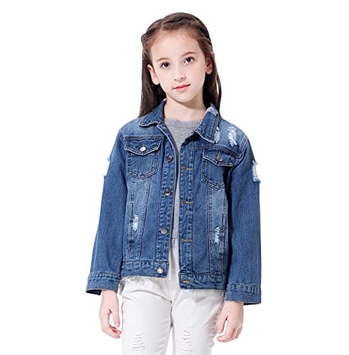 Image of Girls' Denim Jacket Kids Basic Button Jean Outwear Casual Trucker Cowboy Coat Size 4-14 Blue