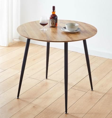 Image of Hallowood Furniture Cullompton Small Dining Table with Oak Effect Top and Black Metal Legs, 2-4 Seater Round Table for Dining Rooms or Cafés, Kitchen Furniture (90cm)