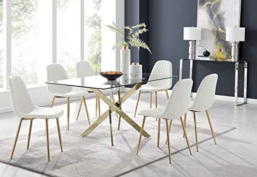 Image of Furniturebox UK Leonardo Rectangular Glass 6 Seater Dining Table with Gold Metal Starburst Legs 150x90cm Modern Minimalist Table with 6 White Faux Leather Corona Gold Leg Dining Chairs