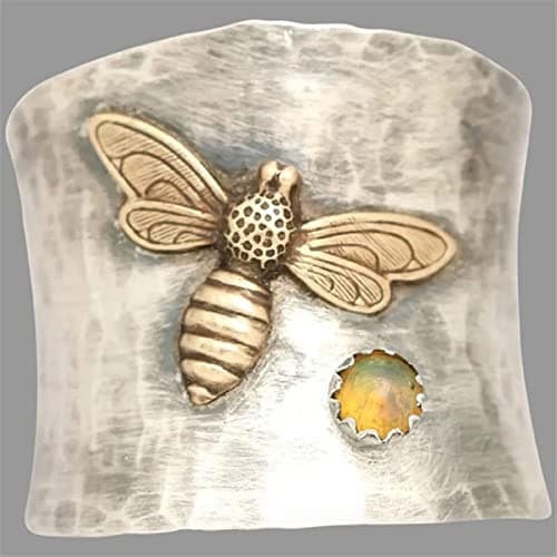 Image of ASFKIPMF Big Large Animal Flower Leaf Wide Band Ring with Stone,Fashion Cute Gold Bee Ring Animal Lucky Honey Bee Knuckle Ring Vintage Thumb Index Middle Finger Boho Ring Jewelry Gift for Her Size Q