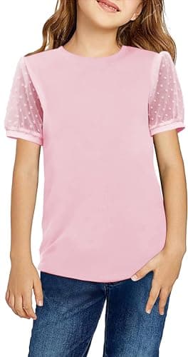 Image of Arshiner Girls T-Shirts Chiffon Sleeves Kids Summer Cotton Round Neck Short Sleeve Tops Casual Basic Tee Shirt for Girls 7-8 Years Pink