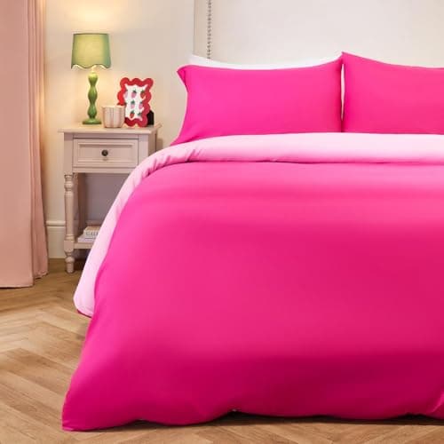 Image of Brentfords Double Duvet Set, Super Soft Microfibre Polyester Plain Dyed Reversible Quilt Duvet Cover Luxury Warm Cosy Double Bedding Set with Pillowcases, Hot Pink/Pink