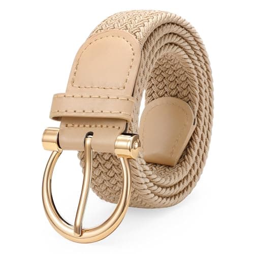 Image of LEACOOLKEY Women Stretch Belt Ladies Elasticated Woven Braided Belt with Gold Buckle,Casual Golf Belt for Jeans Pants 1.38" width