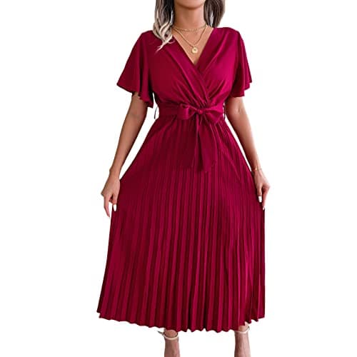 Image of Women's Elegant Belted Pleated Flounce Sleeve Long Dress Wrap V Neck A-Line Pleated Hem Flowy Swing Midi Dresse (Red, Large)