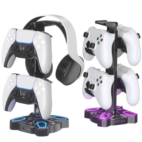 Image of KDD Gaming Headphones Stand, Rotatable Headset Stand with 9 Light Model -Controller Holder with 2 USB Charging Ports and 3.5mm, Earphone Hanger Accessories for Sony, Bose,HyperX Cloud II, Xbox One