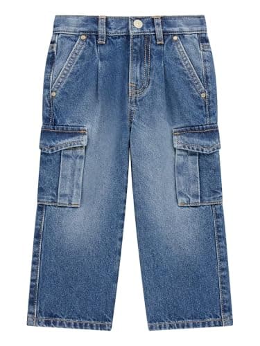 Image of GUESS Baby Girls' Rigid Denim Cargo Pants, Indigo Mid Fresh Wash, 7 Years
