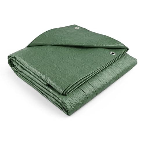 Image of Flatro Tarpaulin Waterproof Heavy Duty (8ft x 10ft) / (2.4m x 3m) Green Tarpaulin Sheet with Reinforced Eyelets | UV/Tear Resistant Multipurpose Weatherproof Tarp for Garden, Farming and Camping