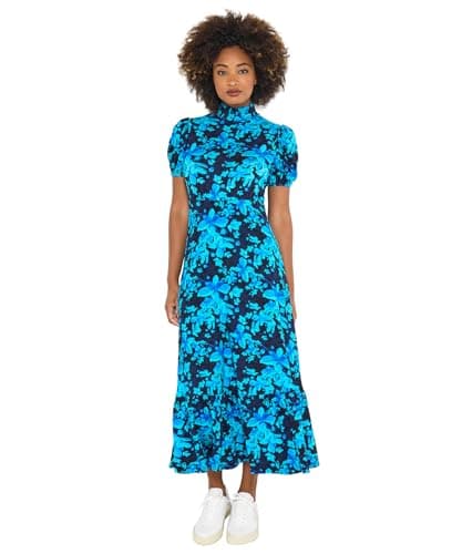 Image of Joe Browns Women's Vintage Floral Print Puff Sleeve High-Neck Jersey Midi Dress, Petite, Blue, UK 8