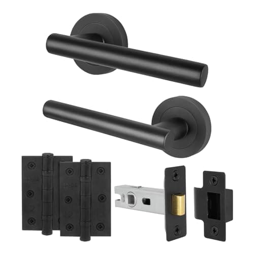 Image of EAI Black Door Handles Latch Set, 1 Pair of Internal Matt T-Bar Round Rose Handles, Latch 64mm, Hinges 64mm - Oliena Range